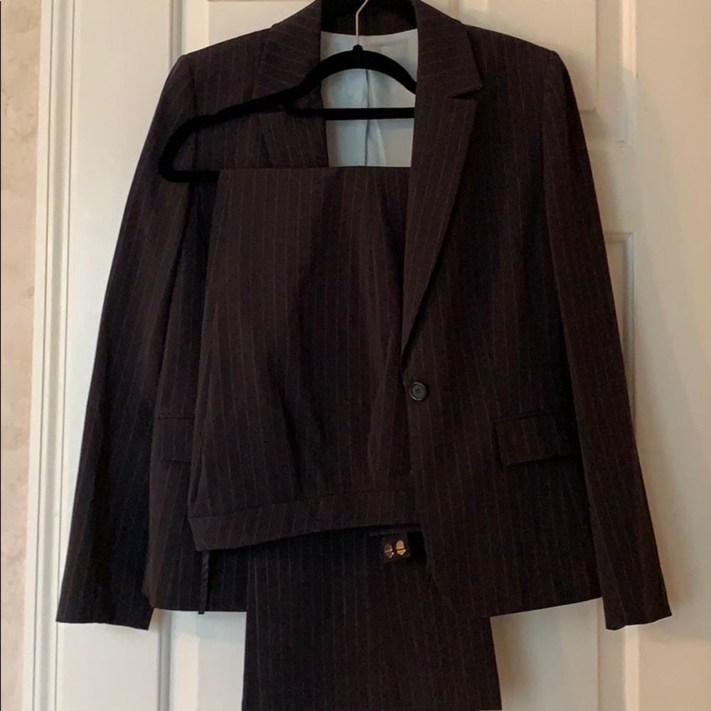 Black business pant suit with fine blue line